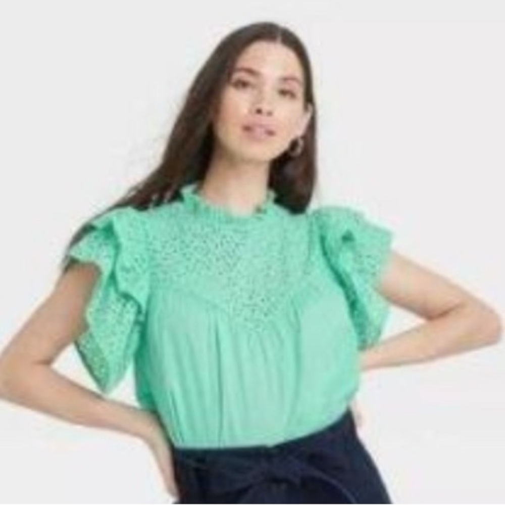 NWT A New Day Mint Green Eyelet Ruffle Sleeve Blouse Top X-Large